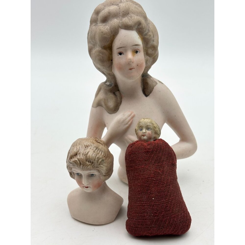 Antique 3-Pc. Victorian Porcelain Doll Parts-Germany-Half Doll-Pin Cushion